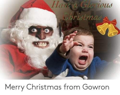 The meme features a picture of a baby with a shocked expression, while a cartoon Santa Claus with a menacing grin is looming over the baby. The text "Merry Christmas from Gowron" appears above the image. The overall tone is humorous and playful, with a hint of irony and absurdity.